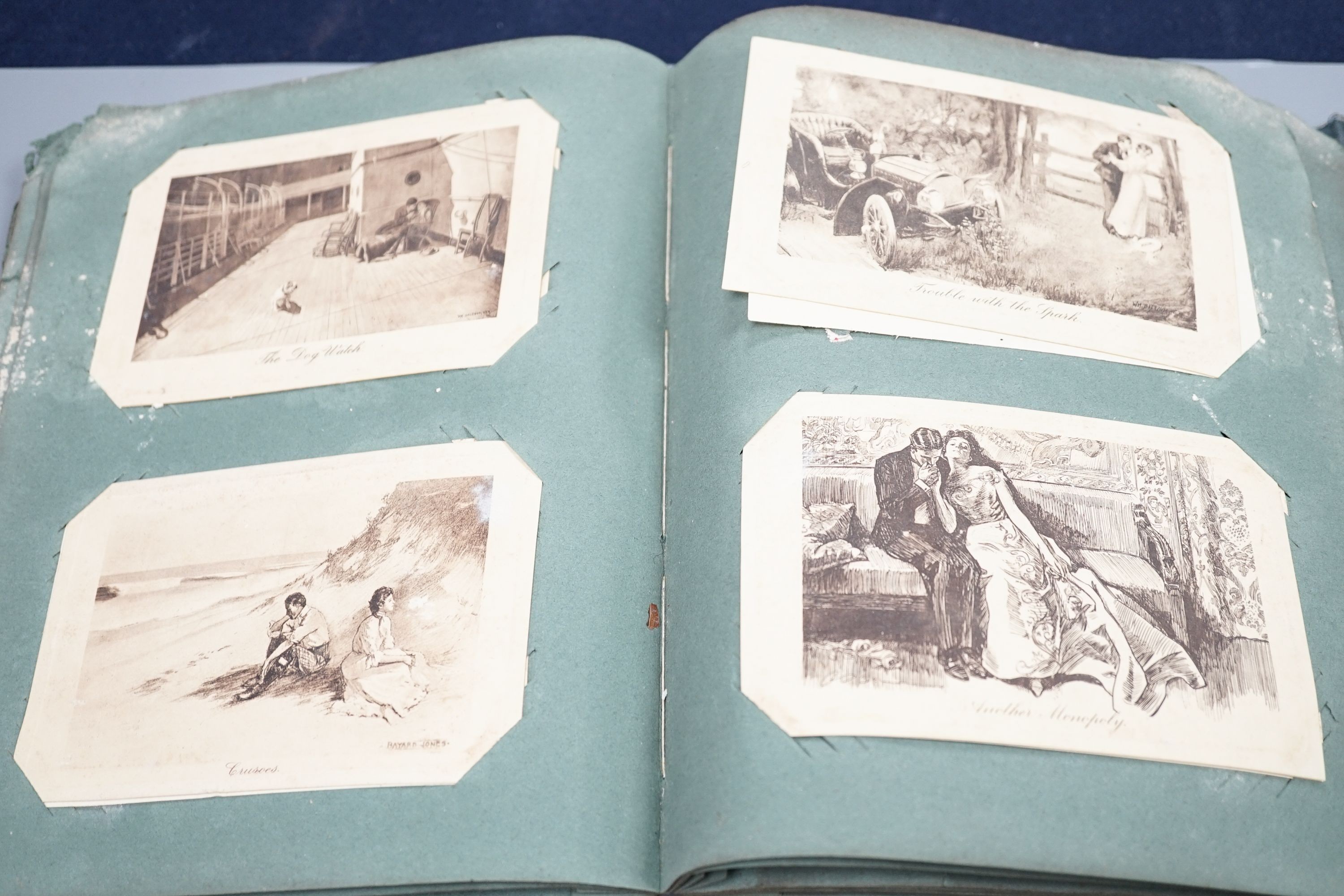 An album of Edwardian and later postcards and etchings including C Dana Gibson, pictorial Comedy, romantic etc